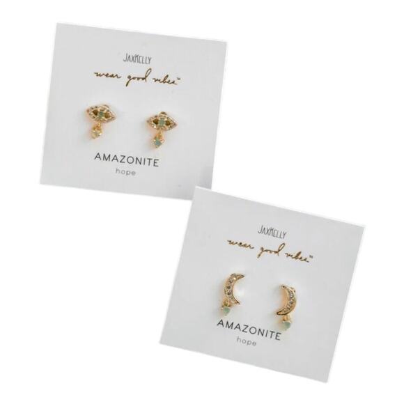 JAXKELLY NIP Amazonite Stone White CZ Moon Drop Sterling Silver Posts Earrings - Picture 9 of 9